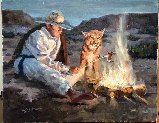 Traveler and attentive dog sharing a campfire meal in open country in Dinner for Two