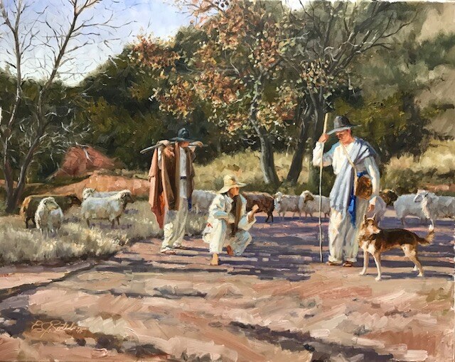 Travelers, livestock, and a working dog moving through a dry creek bed in Dry Creek