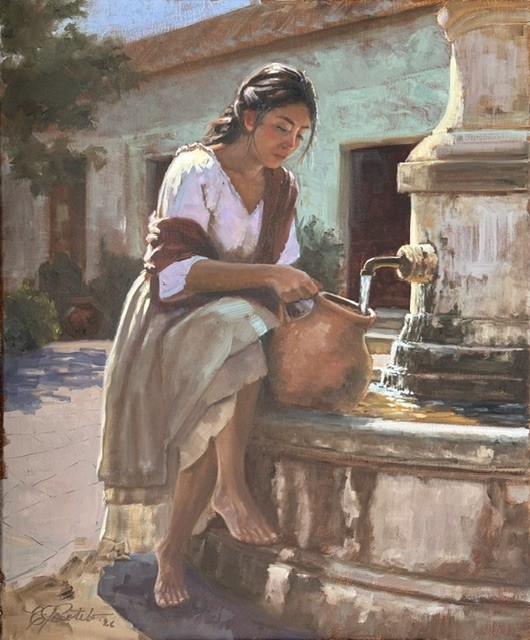 Young woman filling a clay water jar at a sunlit stone fountain in La Vida Sencilla by Edgar J. Sotelo