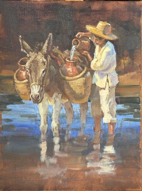 Man pouring water into a clay vessel carried by a donkey standing in shallow water in Last Drop