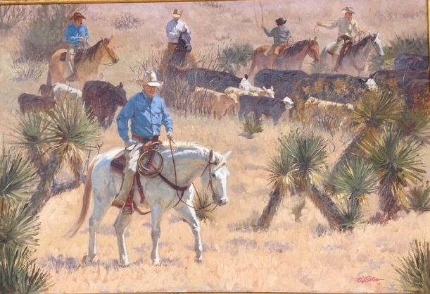 Mounted ranchers gathering cattle among yucca across an open Texas landscape